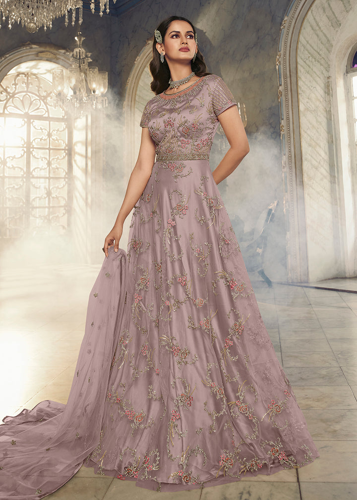 Buy Now Light Mauve Wedding Party Net Designer Anarkali Suit Online in USA, UK, Australia, New Zealand, Canada & Worldwide at Empress Clothing.