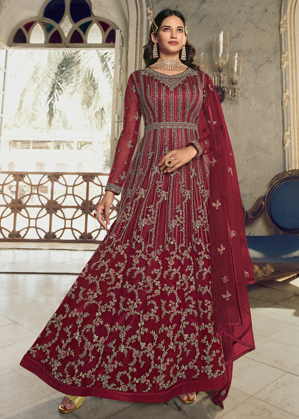 Buy Now Festive Maroon Wedding Party Net Designer Anarkali Suit Online in USA, UK, Australia, New Zealand, Canada & Worldwide at Empress Clothing.