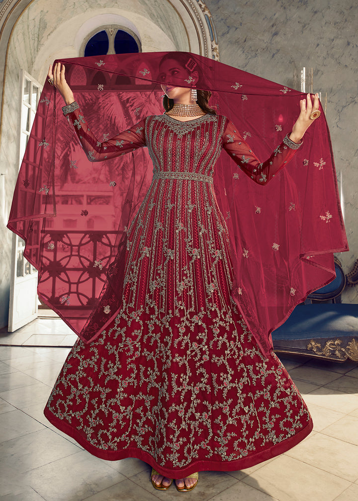 Buy Now Festive Maroon Wedding Party Net Designer Anarkali Suit Online in USA, UK, Australia, New Zealand, Canada & Worldwide at Empress Clothing.