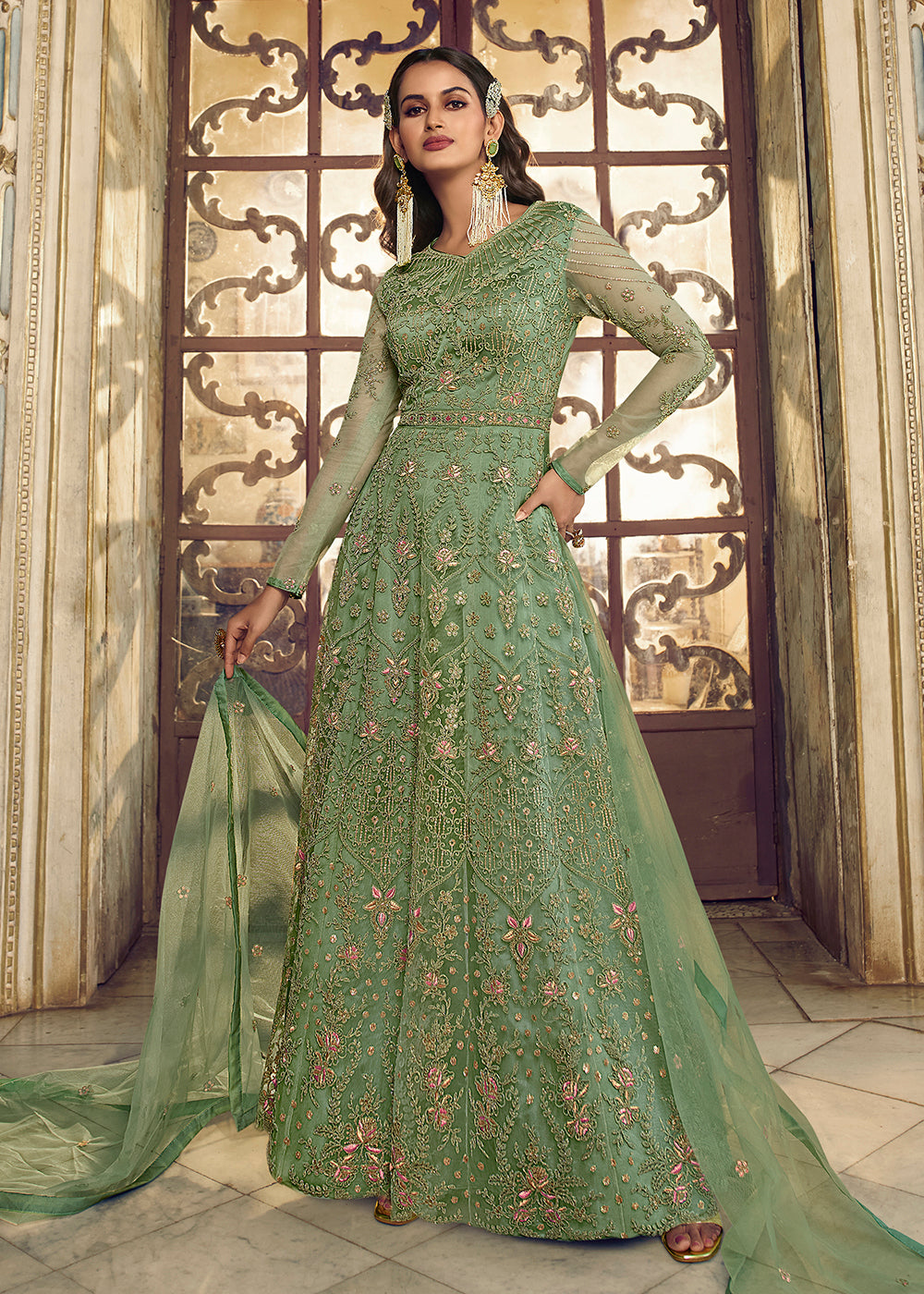 Buy Now Moss Green Wedding Party Net Designer Anarkali Suit Online in USA, UK, Australia, New Zealand, Canada & Worldwide at Empress Clothing.