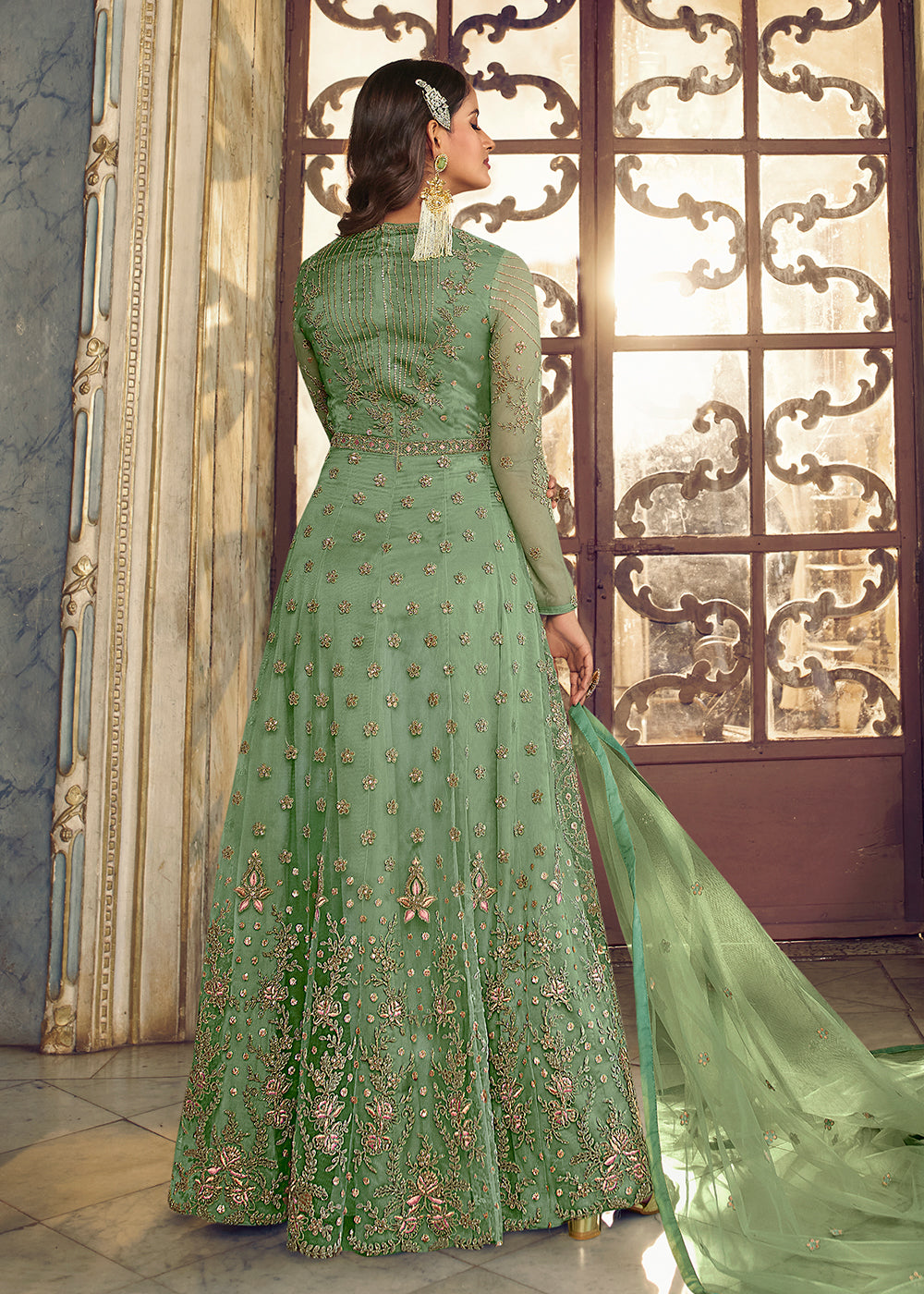 Buy Now Moss Green Wedding Party Net Designer Anarkali Suit Online in USA, UK, Australia, New Zealand, Canada & Worldwide at Empress Clothing.