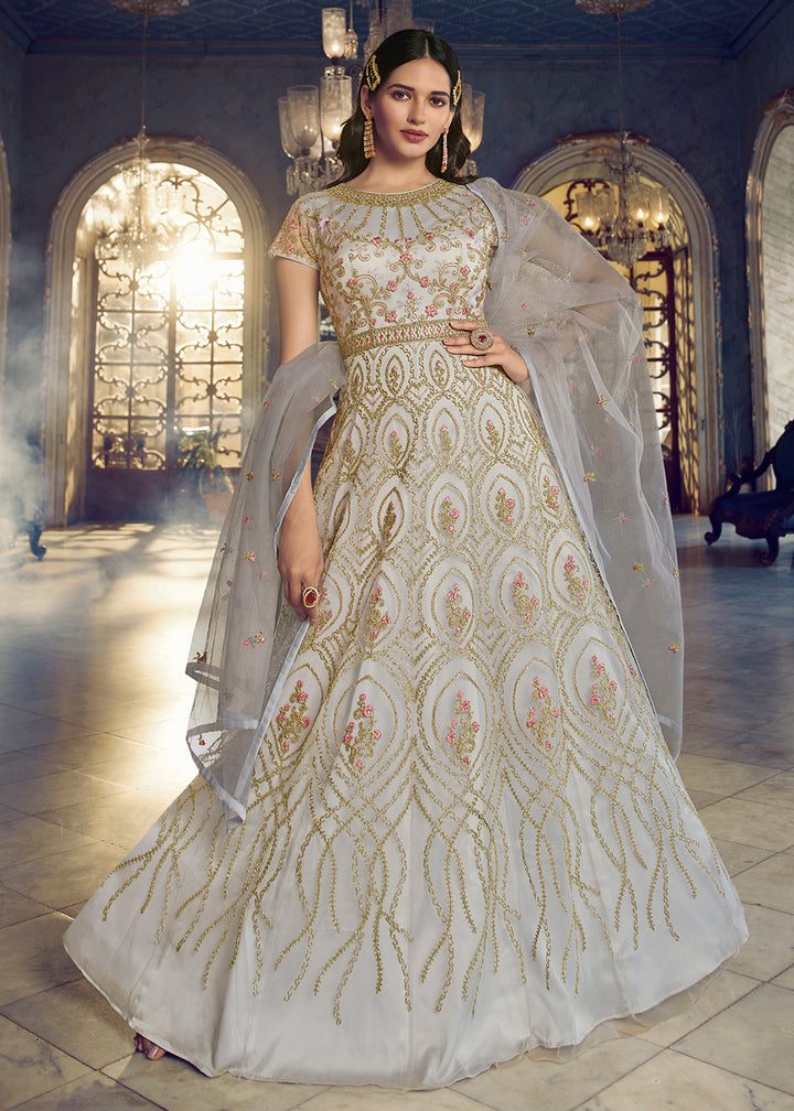 Buy Now Silver White Wedding Party Net Designer Anarkali Suit Online in USA, UK, Australia, New Zealand, Canada & Worldwide at Empress Clothing.