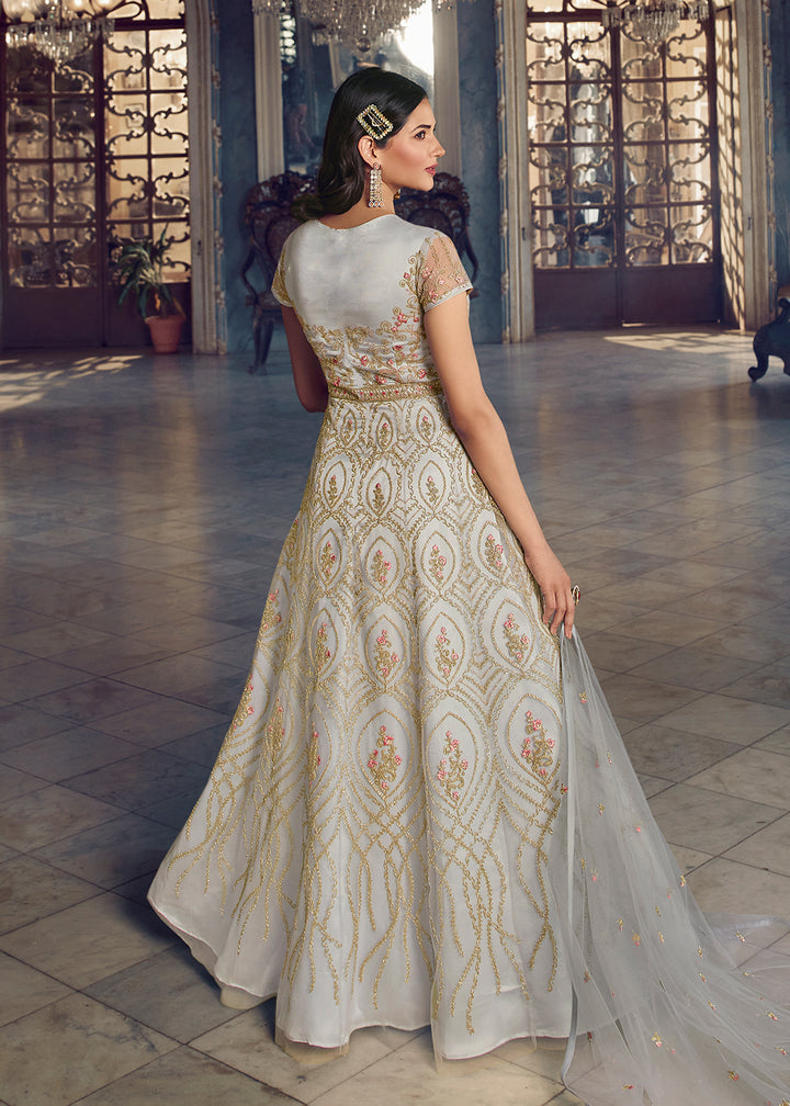 Buy Now Silver White Wedding Party Net Designer Anarkali Suit Online in USA, UK, Australia, New Zealand, Canada & Worldwide at Empress Clothing.