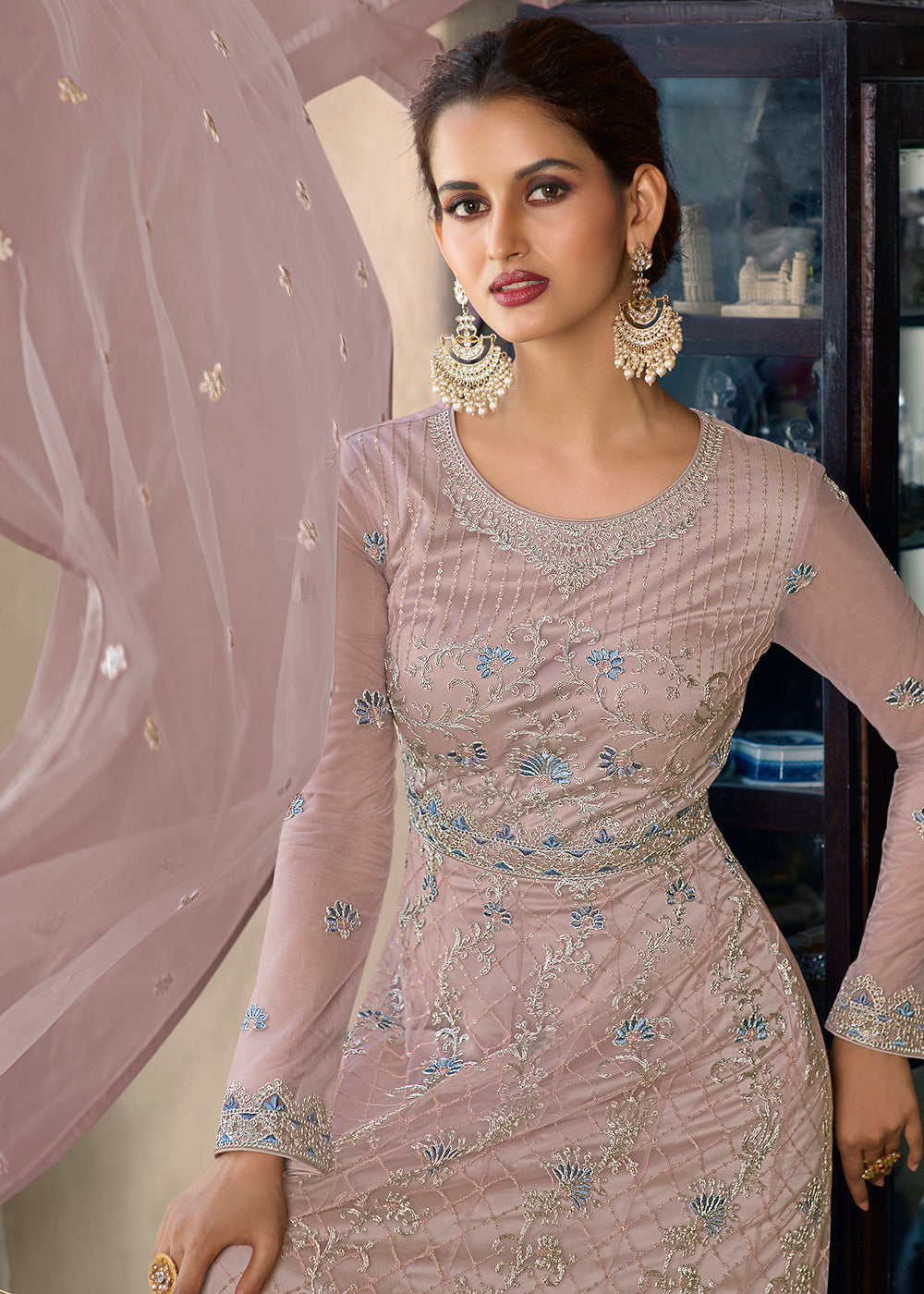 Buy Now Mauve Pink Wedding Party Net Designer Anarkali Suit Online in USA, UK, Australia, New Zealand, Canada & Worldwide at Empress Clothing.