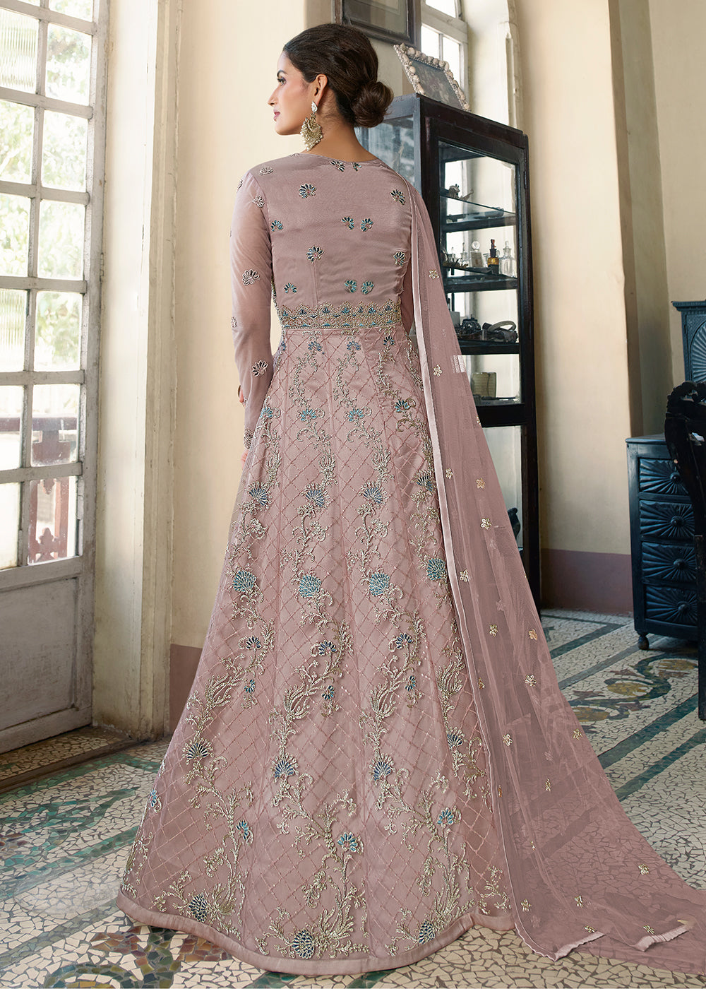 Buy Now Mauve Pink Wedding Party Net Designer Anarkali Suit Online in USA, UK, Australia, New Zealand, Canada & Worldwide at Empress Clothing.