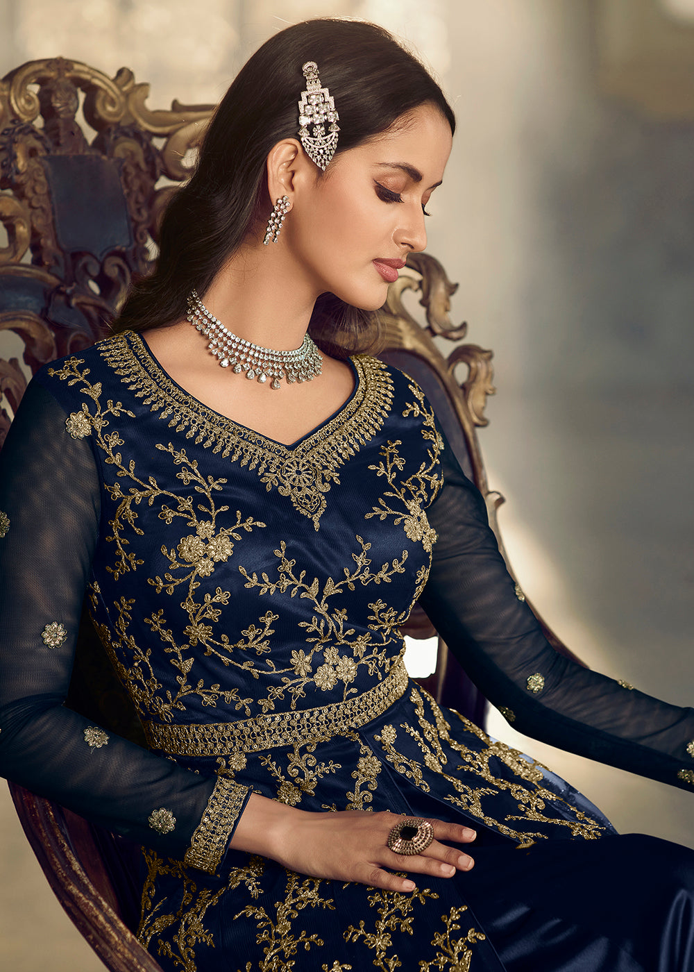 Buy Now Navy Blue Wedding Party Net Designer Anarkali Suit Online in USA, UK, Australia, New Zealand, Canada & Worldwide at Empress Clothing.