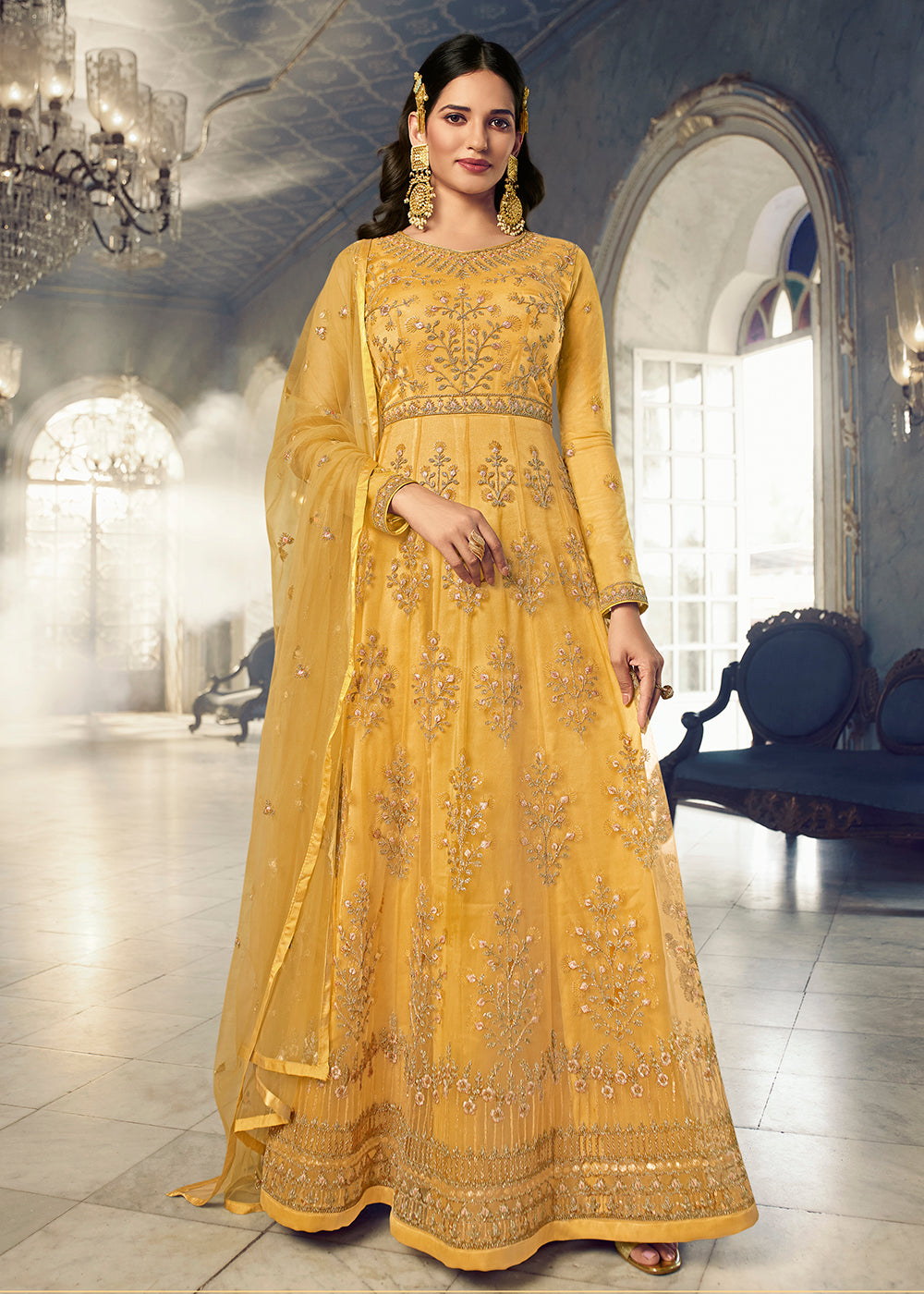 Buy Now Pretty Yellow Wedding Party Net Designer Anarkali Suit Online in USA, UK, Australia, New Zealand, Canada & Worldwide at Empress Clothing. 