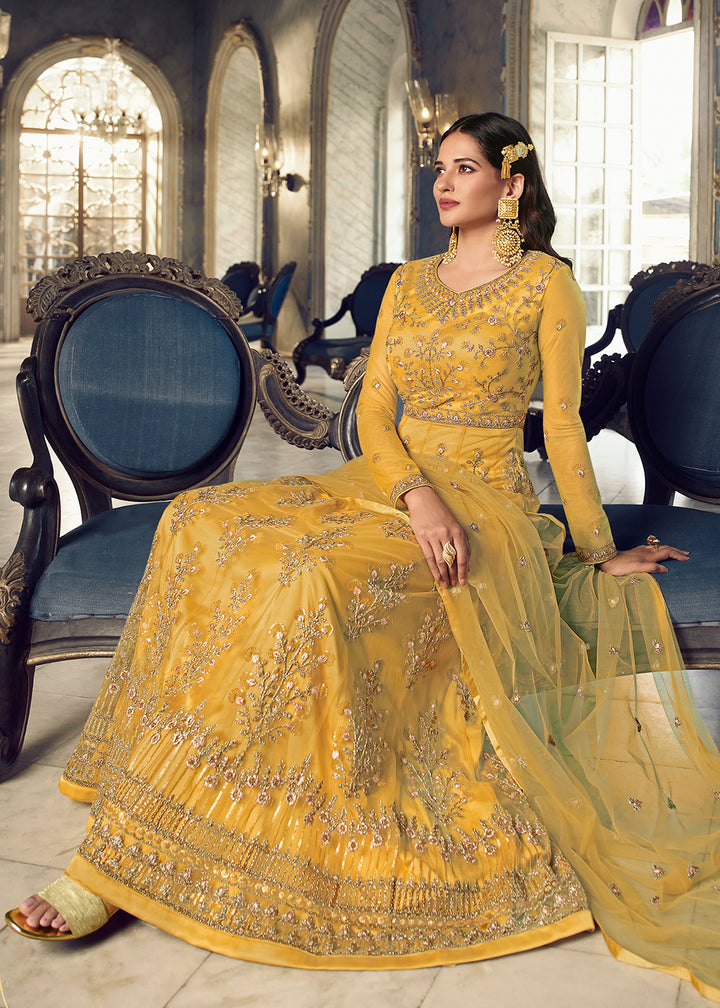 Buy Now Pretty Yellow Wedding Party Net Designer Anarkali Suit Online in USA, UK, Australia, New Zealand, Canada & Worldwide at Empress Clothing. 