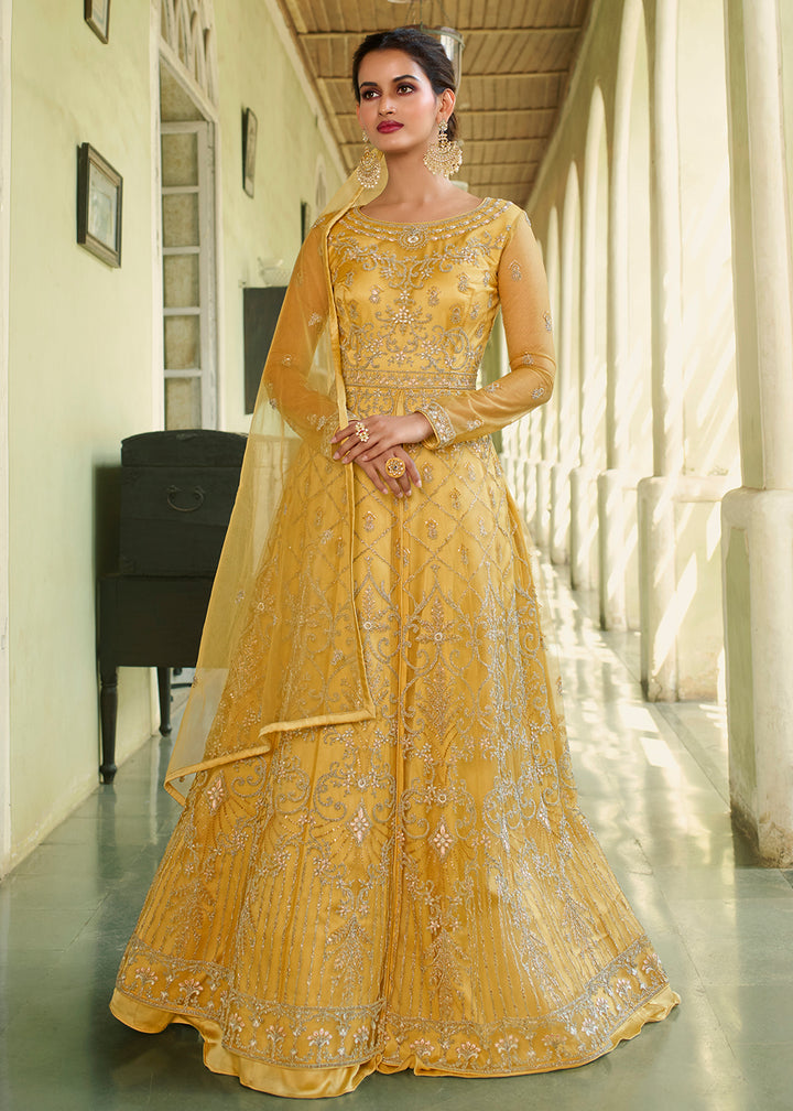 Buy Now Slit Style Delightful Yellow Zari Embroidered Party Festive Anarkali Suit Online in USA, UK, Australia, New Zealand, Canada & Worldwide at Empress Clothing.