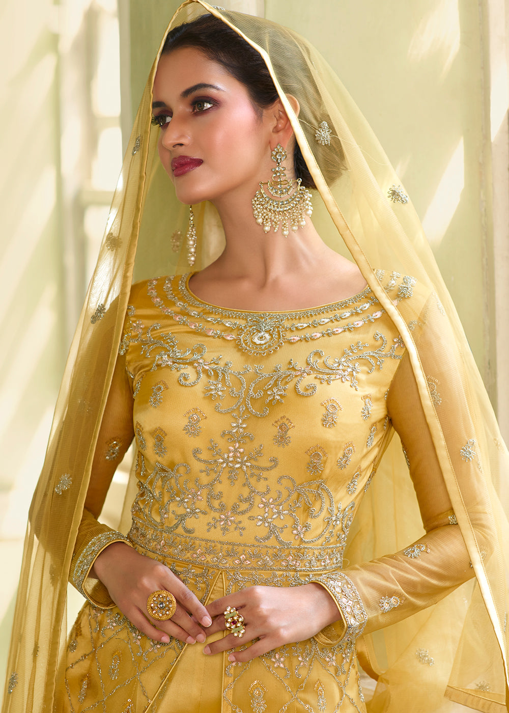 Buy Now Slit Style Delightful Yellow Zari Embroidered Party Festive Anarkali Suit Online in USA, UK, Australia, New Zealand, Canada & Worldwide at Empress Clothing.