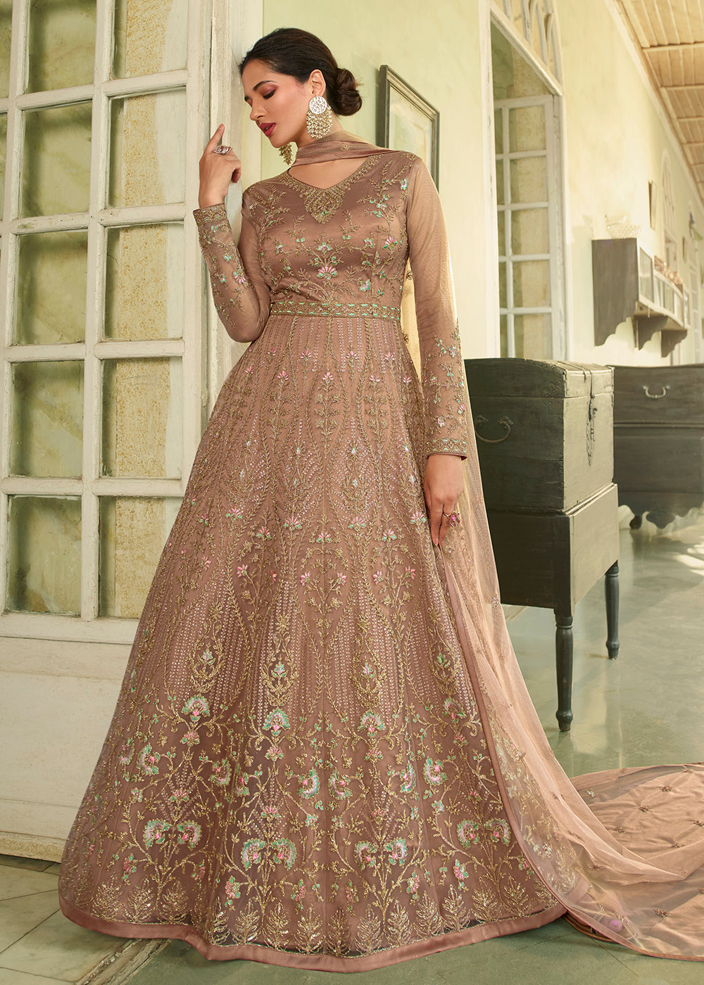 Buy Now Slit Style Captivating Peach Zari Embroidered Party Festive Anarkali Suit Online in USA, UK, Australia, New Zealand, Canada & Worldwide at Empress Clothing. 