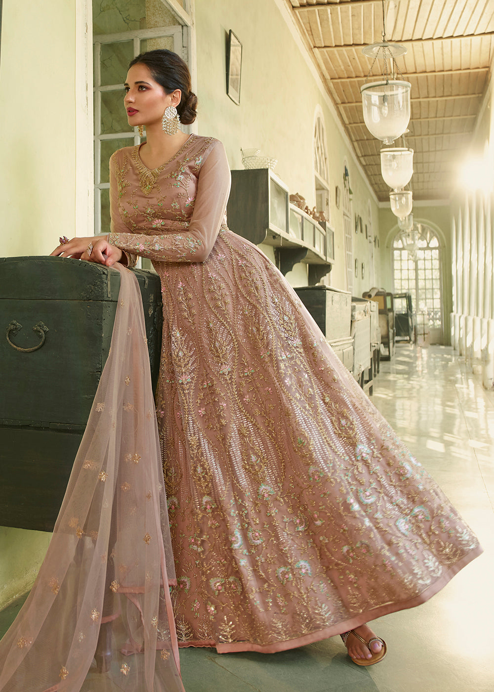 Buy Now Slit Style Captivating Peach Zari Embroidered Party Festive Anarkali Suit Online in USA, UK, Australia, New Zealand, Canada & Worldwide at Empress Clothing. 