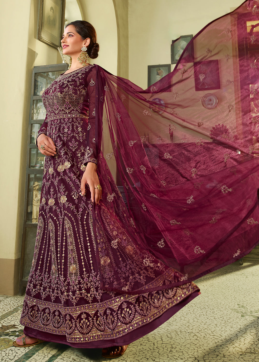 Buy Now Slit Style Outstanding Purple Zari Embroidered Party Festive Anarkali Suit Online in USA, UK, Australia, New Zealand, Canada & Worldwide at Empress Clothing. 