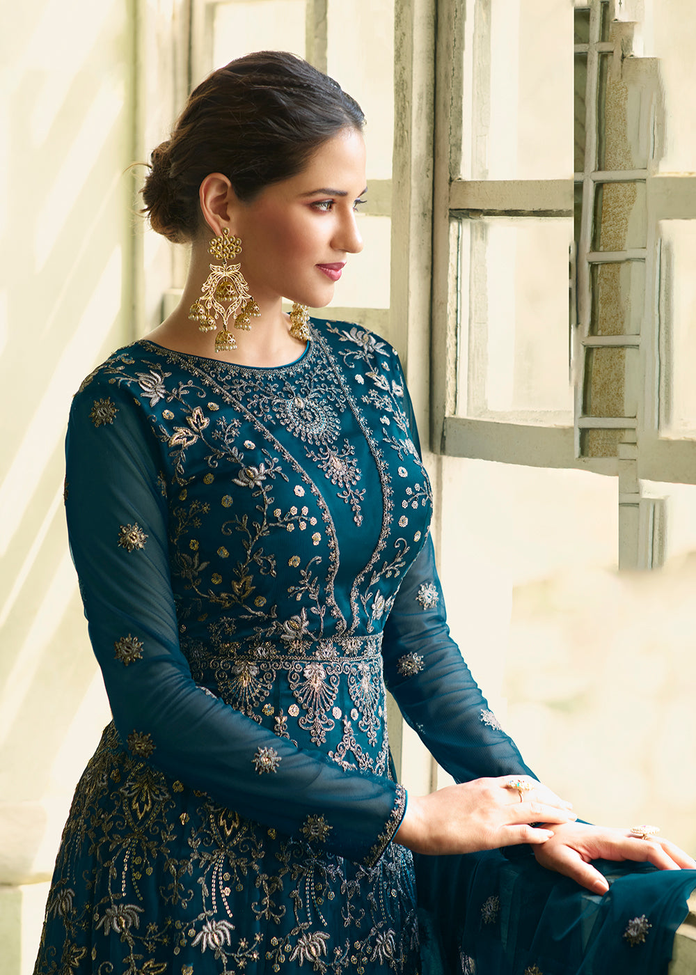Buy Now Slit Style Fabulous Teal Zari Embroidered Party Festive Anarkali Suit Online in USA, UK, Australia, New Zealand, Canada & Worldwide at Empress Clothing. 