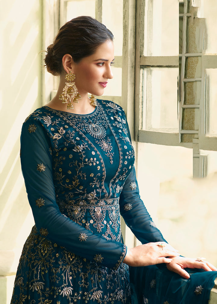 Buy Now Slit Style Fabulous Teal Zari Embroidered Party Festive Anarkali Suit Online in USA, UK, Australia, New Zealand, Canada & Worldwide at Empress Clothing. 