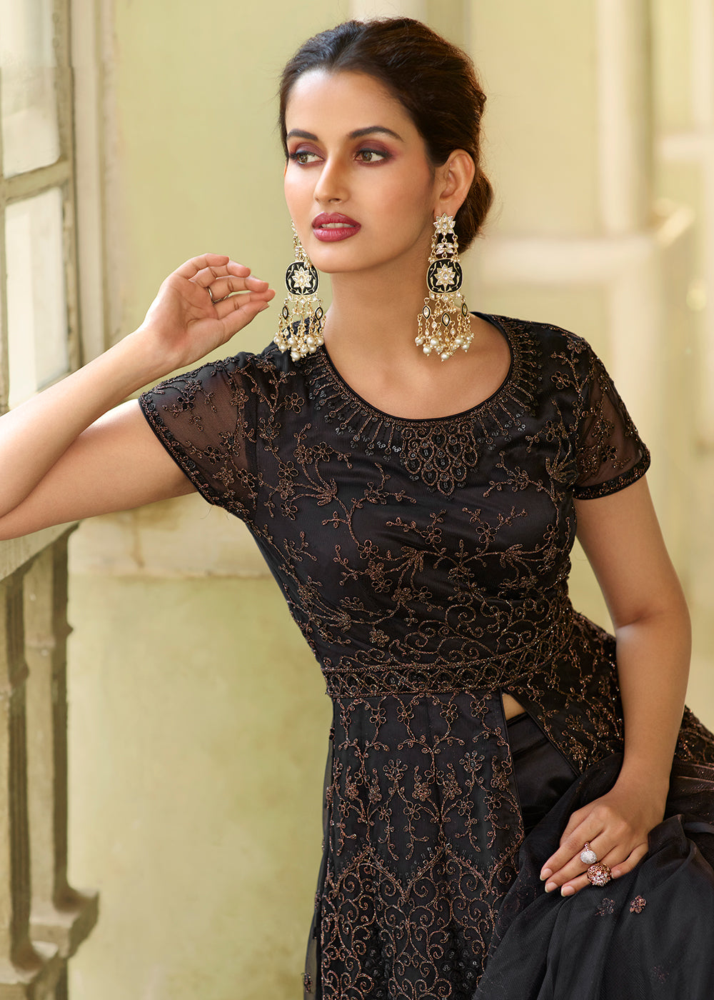 Buy Now Slit Style Exquisite Black Zari Embroidered Party Festive Anarkali Suit Online in USA, UK, Australia, New Zealand, Canada & Worldwide at Empress Clothing.