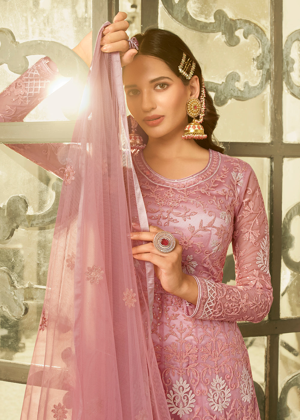 Buy Now Slit Style Majestic Pink Zari Embroidered Party Festive Anarkali Suit Online in USA, UK, Australia, New Zealand, Canada & Worldwide at Empress Clothing. 