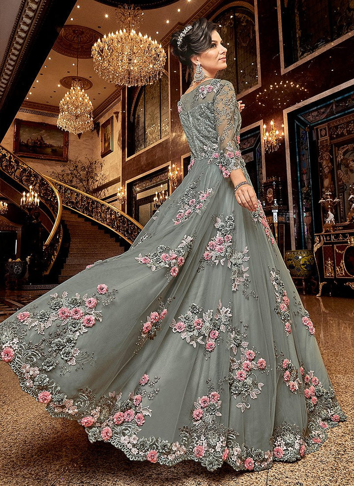 Sage Grey Floral Embroidered Designer Net Anarkali Suit