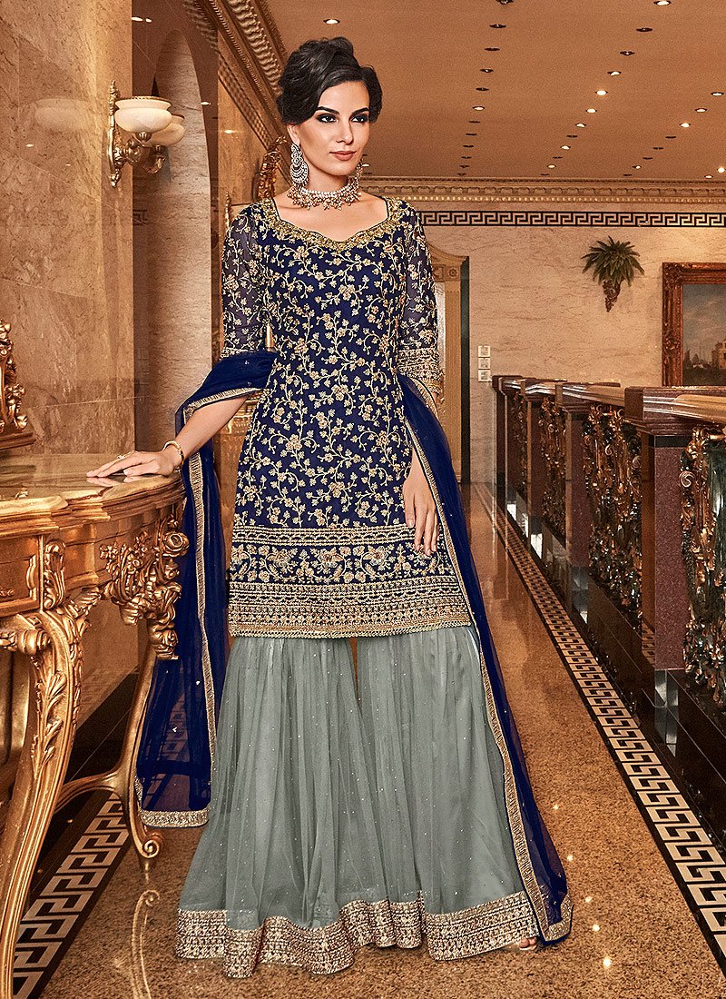 Fascinating Blue Floral Embroidered Straight Cut Sharara Suit