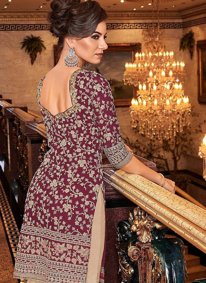 Attractive Maroon Floral Embroidered Straight Cut Sharara Suit