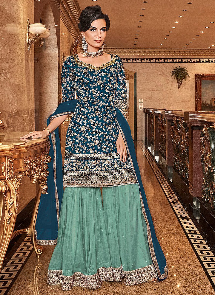 Teal Blue Sharara - Floral Embroidered Straight Cut Sharara Suit