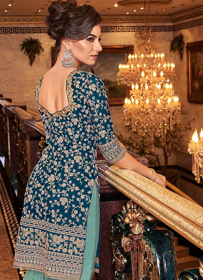Teal Blue Floral Embroidered Straight Cut Sharara Suit
