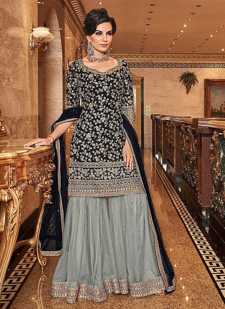 Gorgeous Black Sharara - Floral Embroidered Straight Cut Sharara Suit