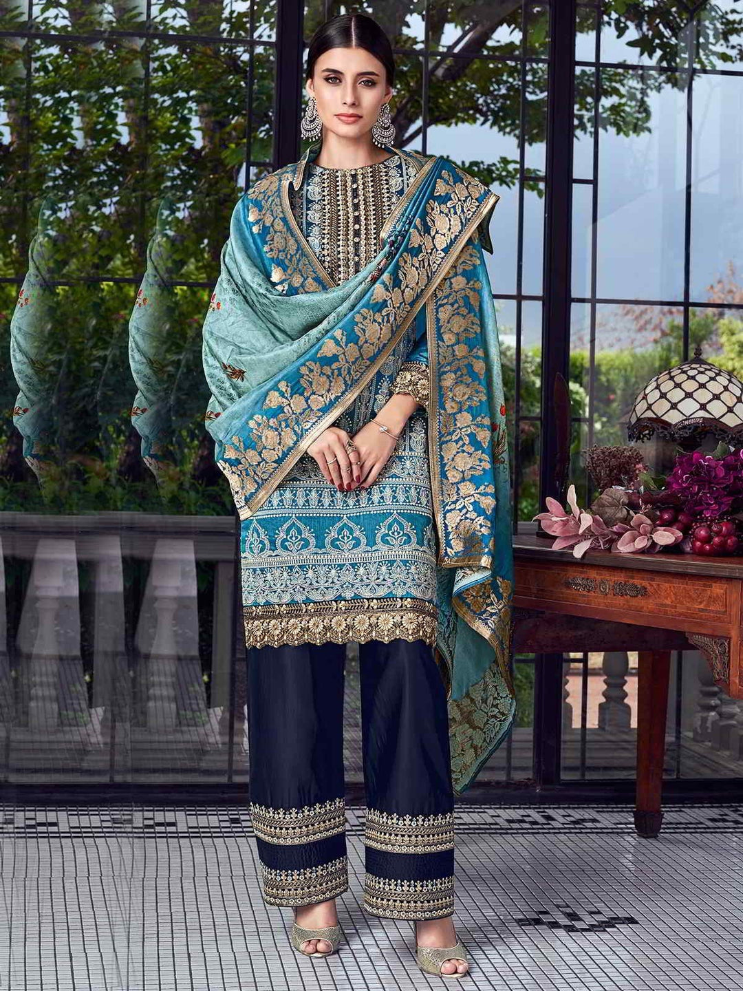 Ravishing Blue Lucknowi Embroidered Pakistani Style Pant Suit