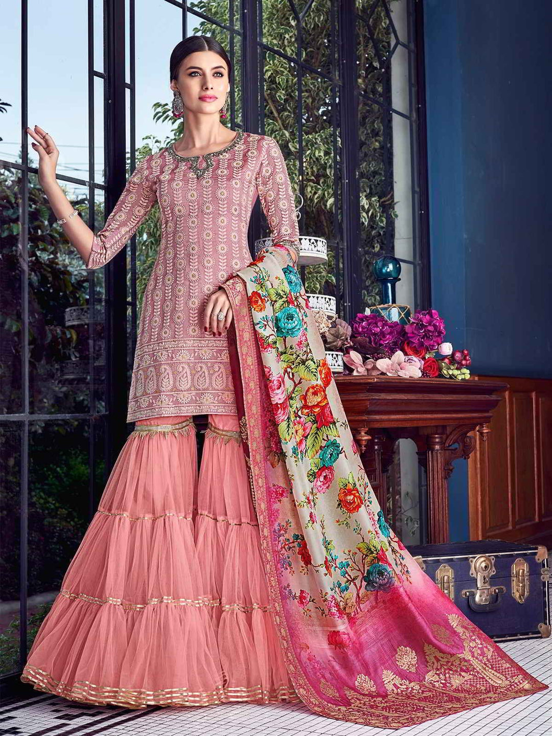 Blush Pink Suit - Lucknowi Embroidered Pakistani Style Gharara Suit
