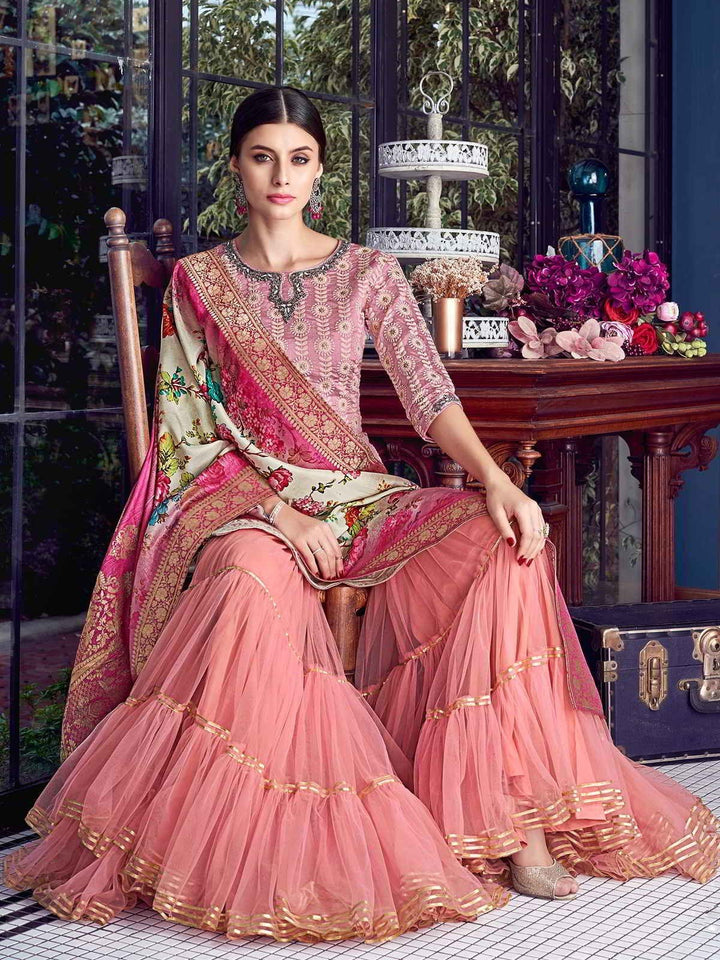 Blush Pink Lucknowi Embroidered Pakistani Style Gharara Suit