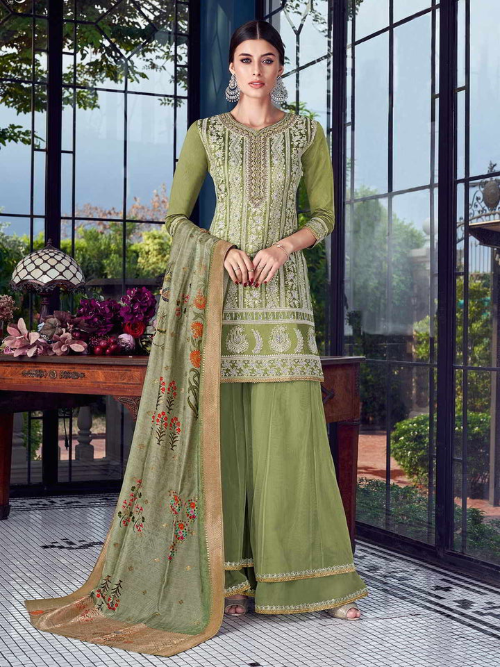 Graceful Green Suit - Lucknowi Embroidered Pakistani Style Palazzo Suit