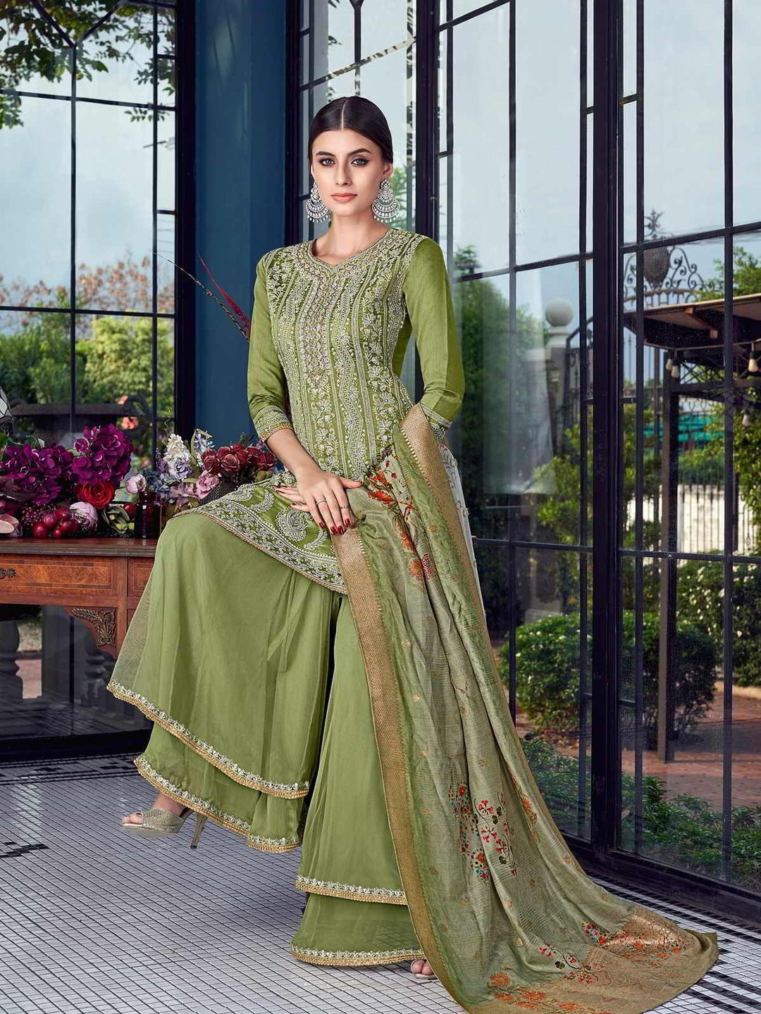 Graceful Green Lucknowi Embroidered Pakistani Style Palazzo Suit