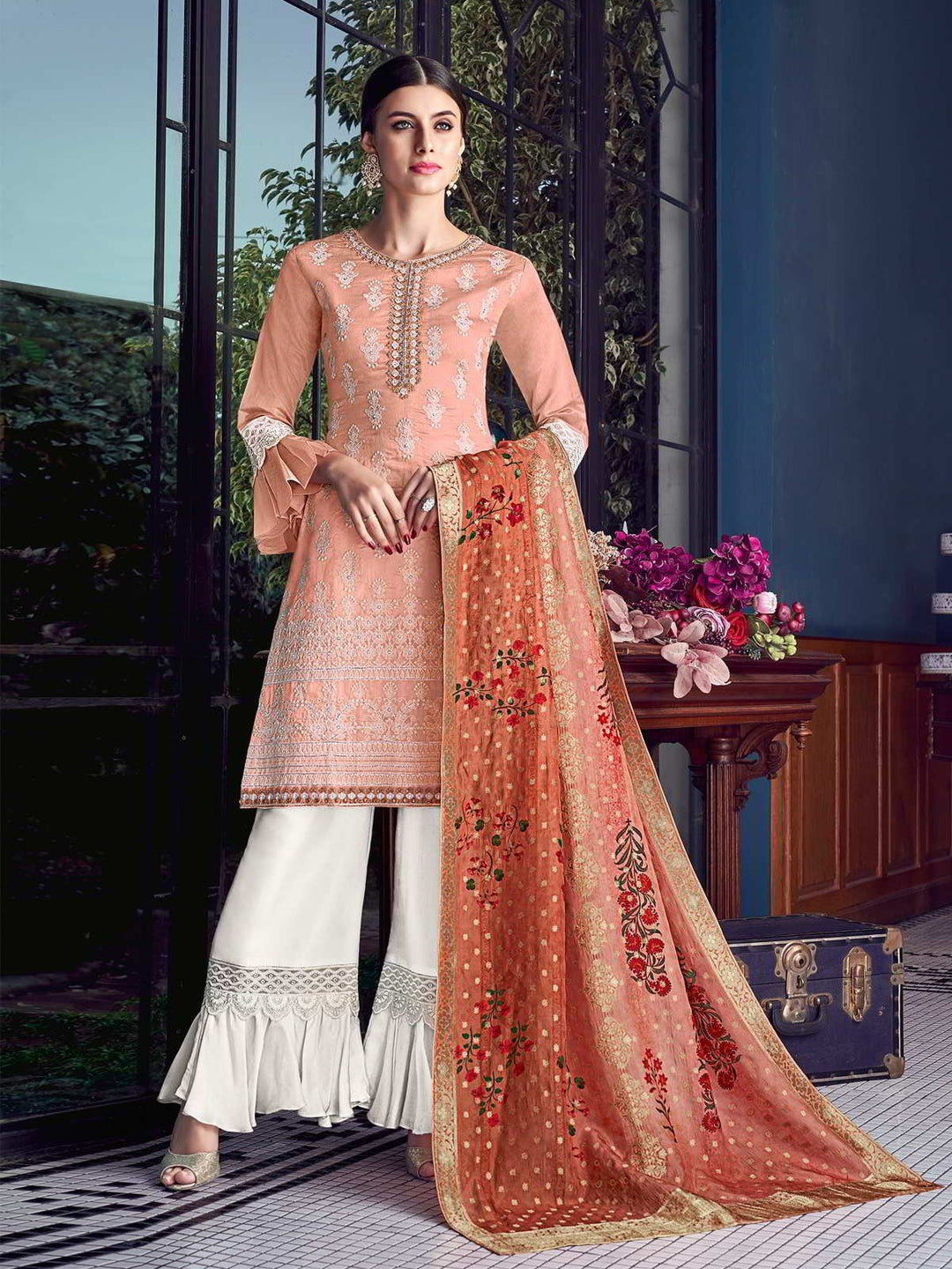 Winning Peach Suit - Lucknowi Embroidered Pakistani Style Sharara Suit