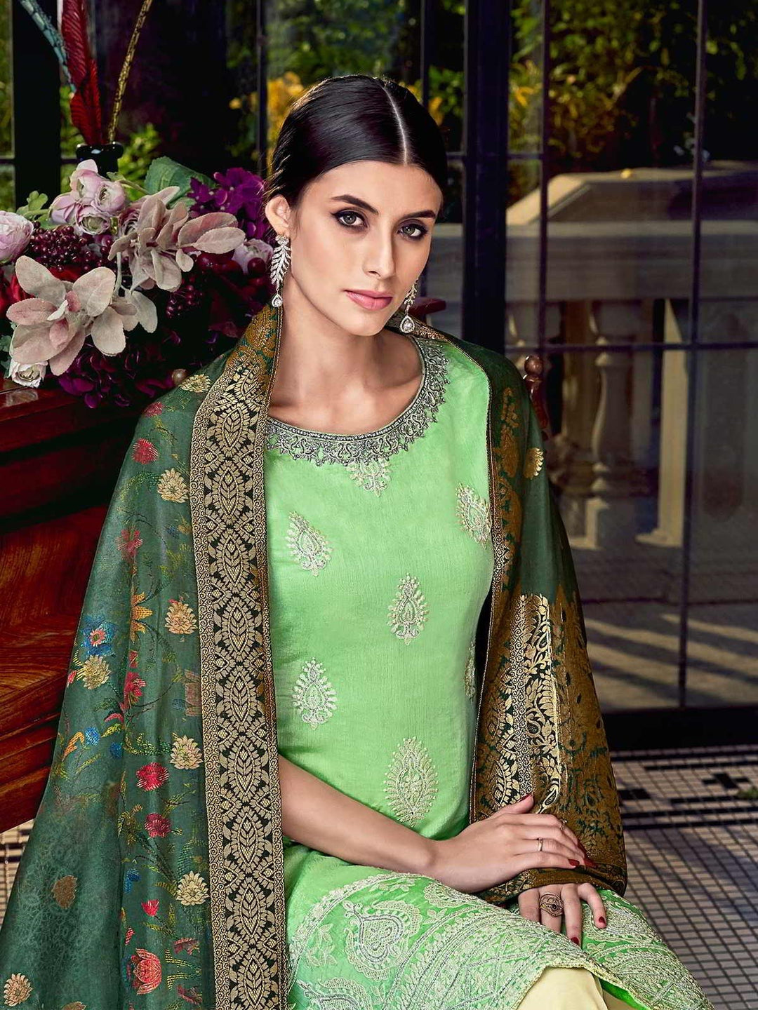 Cute Green Lucknowi Embroidered Pakistani Style Palazzo Suit