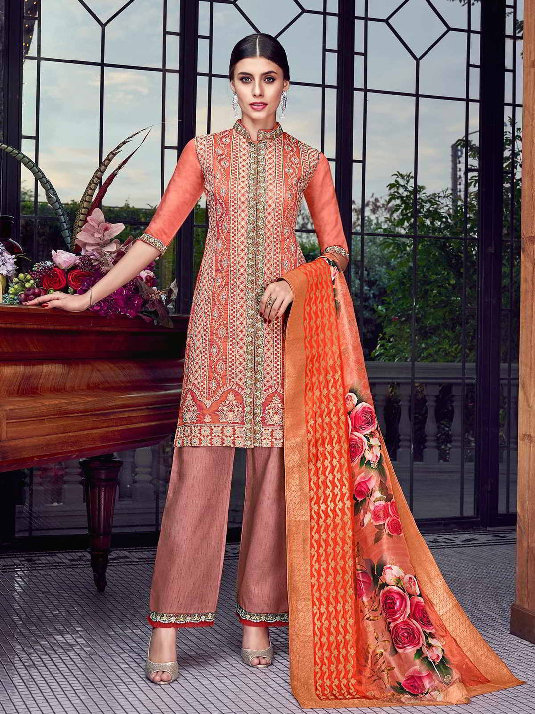Rusty Orange Suit - Lucknowi Embroidered Pakistani Style Pant Suit