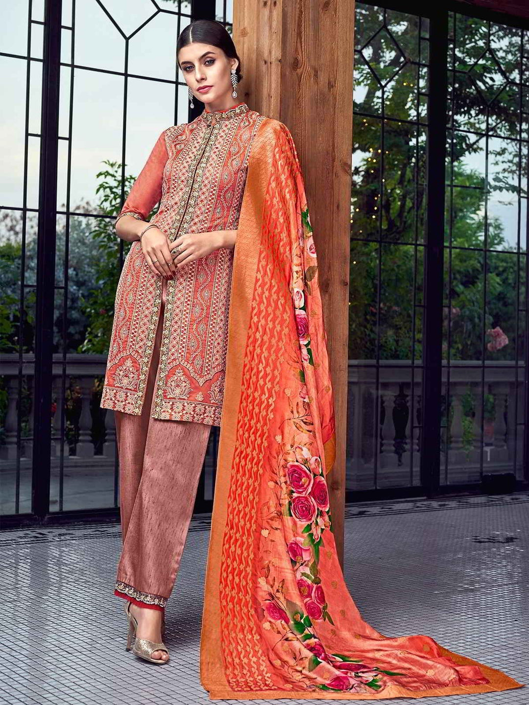 Rusty Orange Lucknowi Embroidered Pakistani Style Pant Suit
