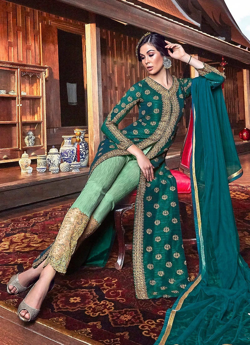 Splendid Green Front Slit Embroidered Anarkali