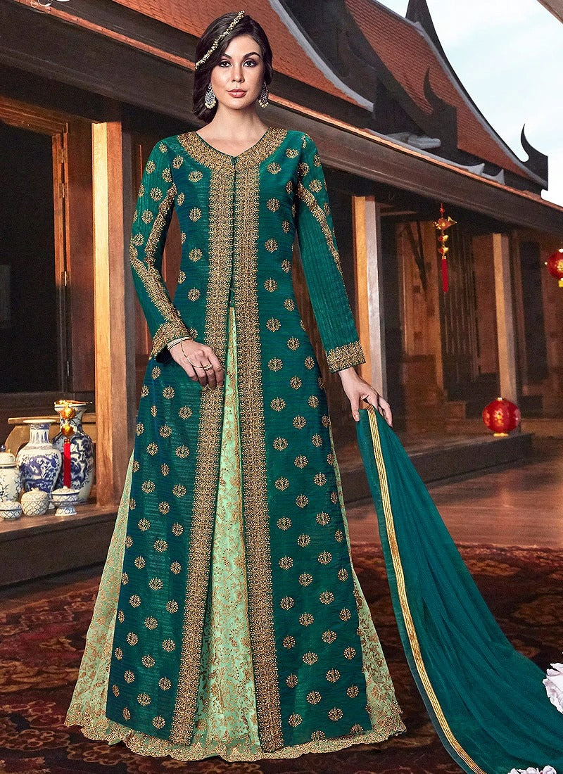 Splendid Green Front Slit Embroidered Anarkali