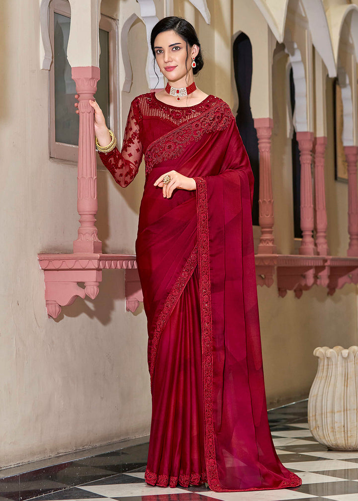 Buy Now Party Wear Stunning Red Embroidered Fancy Silk Saree Online in USA, UK, Canada & Worldwide at Empress Clothing.