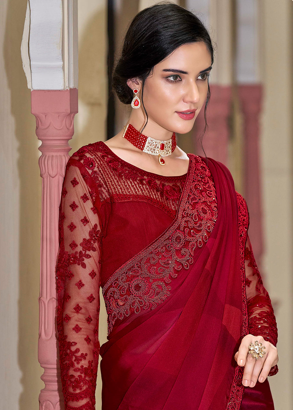 Buy Now Party Wear Stunning Red Embroidered Fancy Silk Saree Online in USA, UK, Canada & Worldwide at Empress Clothing.