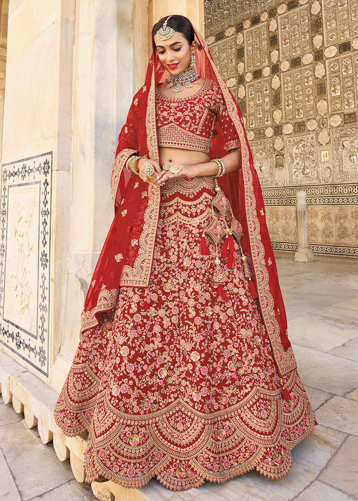 Buy Now Lovely Red Bridal Wear Heavy Embroidered Silk Lehenga Choli Online in USA, UK, Canada & Worldwide at Empress Clothing. 