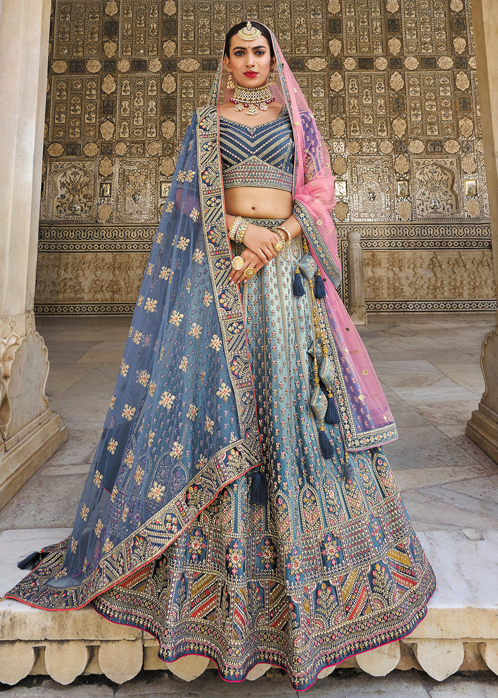 Buy Now Subline Blue Bridal Wear Heavy Embroidered Silk Lehenga Choli Online in USA, UK, Canada & Worldwide at Empress Clothing.