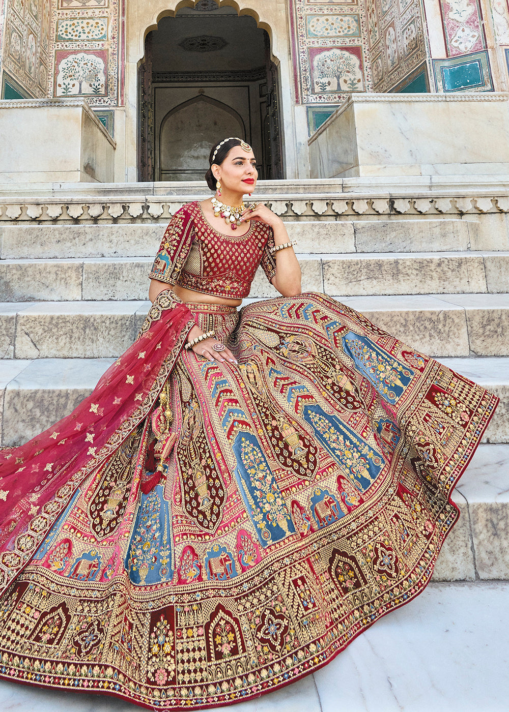 Buy Now Multicolor Maroon Bridal Wear Heavy Embroidered Silk Lehenga Choli Online in USA, UK, Canada & Worldwide at Empress Clothing.