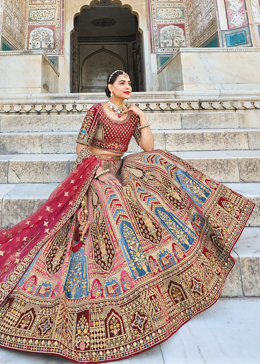 Buy Silk Lehenga Multicolor Maroon Bridal Wear Embroidered