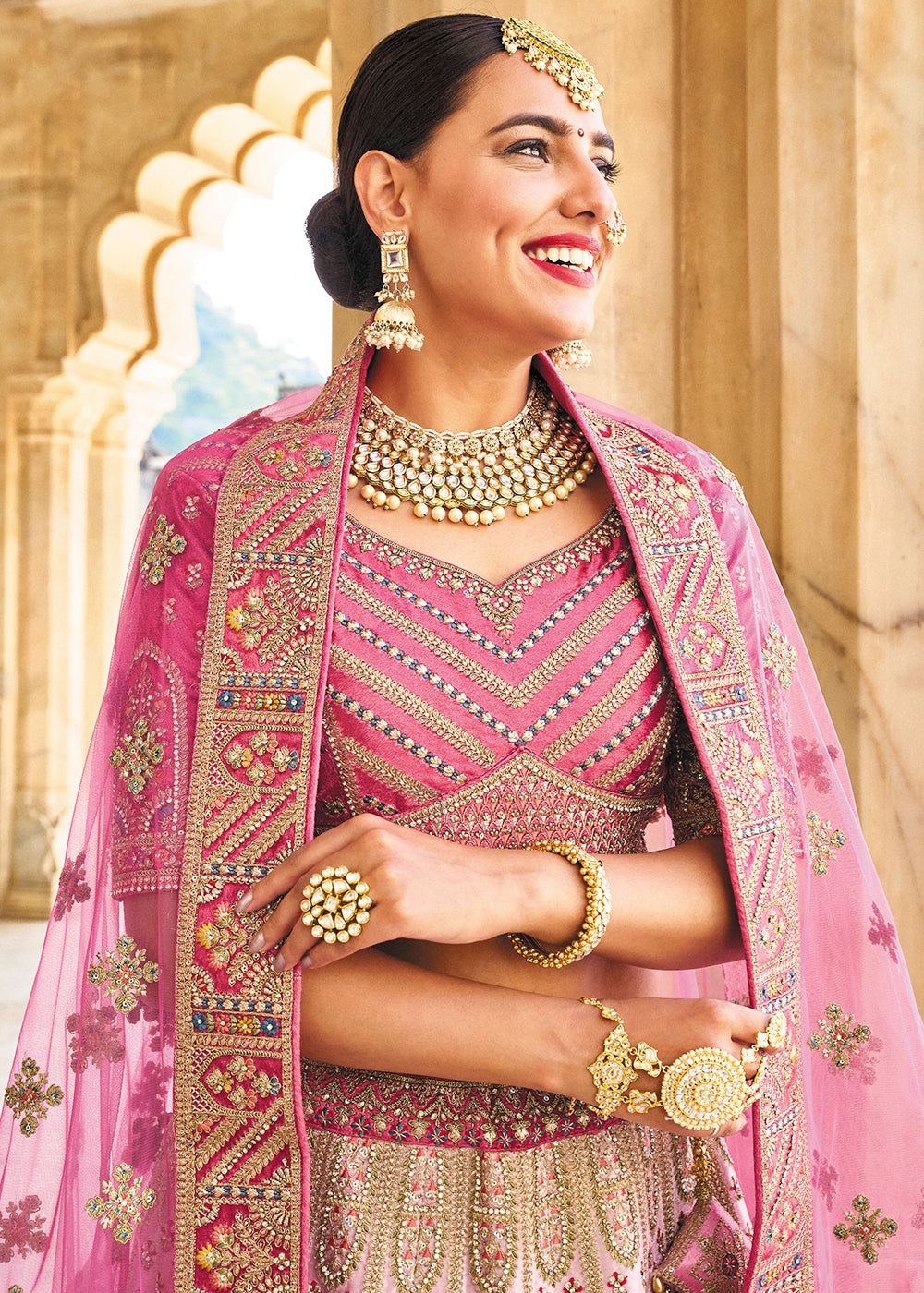 Buy Now Wonderous Pink Bridal Wear Heavy Embroidered Silk Lehenga Choli Online in USA, UK, Canada & Worldwide at Empress Clothing.