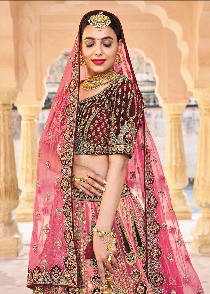 Buy Now Pink & Maroon Bridal Wear Heavy Embroidered Silk Lehenga Choli Online in USA, UK, Canada & Worldwide at Empress Clothing.