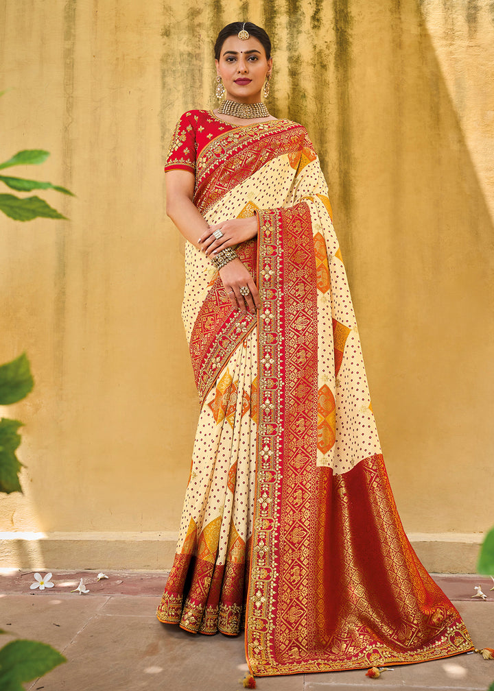 Buy Now Designer Multicolor Beige & Red Silk Wedding Wear Saree Online in USA, UK, Canada & Worldwide at Empress Clothing. 