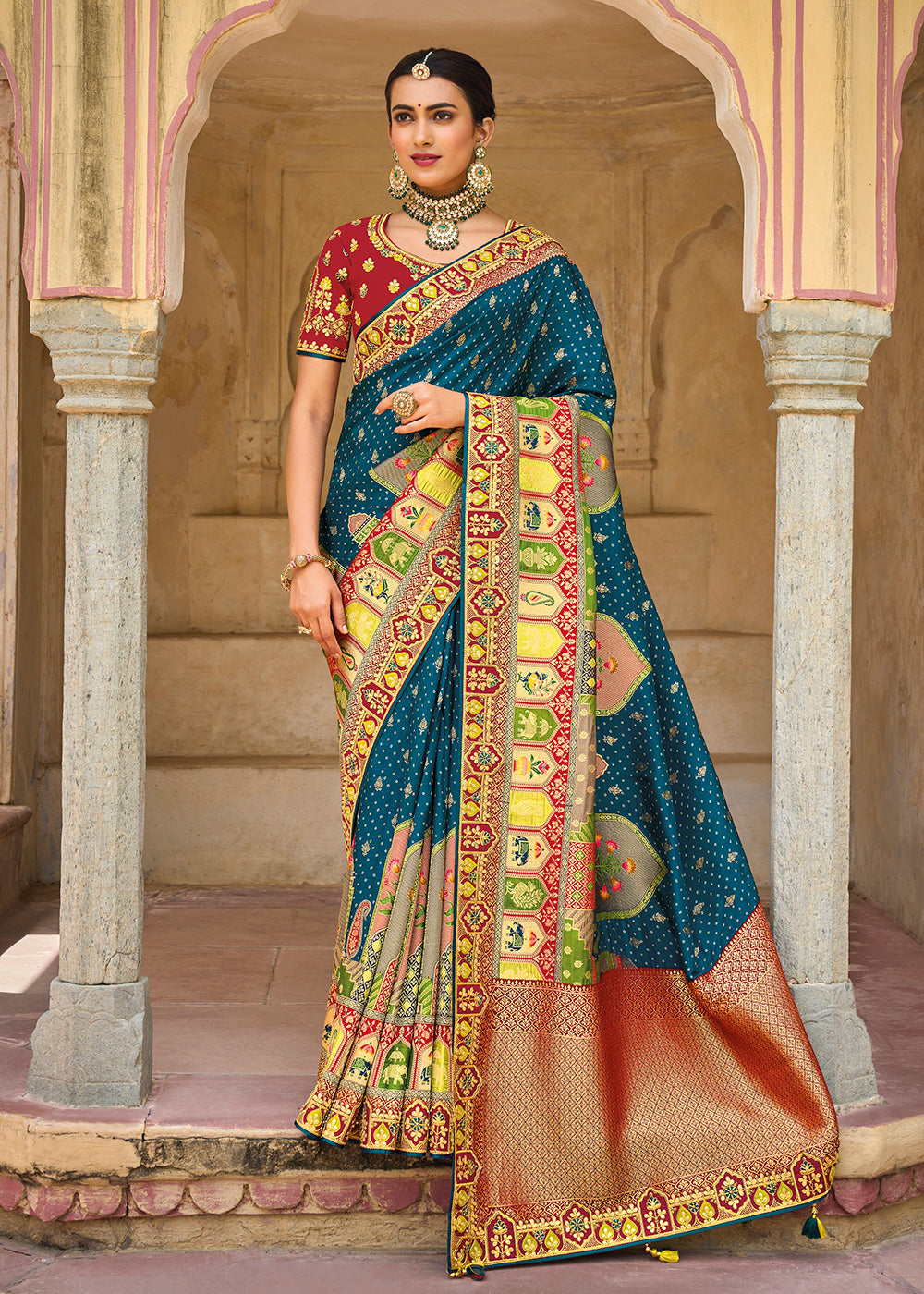 Buy Now Designer Multicolor Blue & Red Silk Wedding Wear Saree Online in USA, UK, Canada & Worldwide at Empress Clothing. 