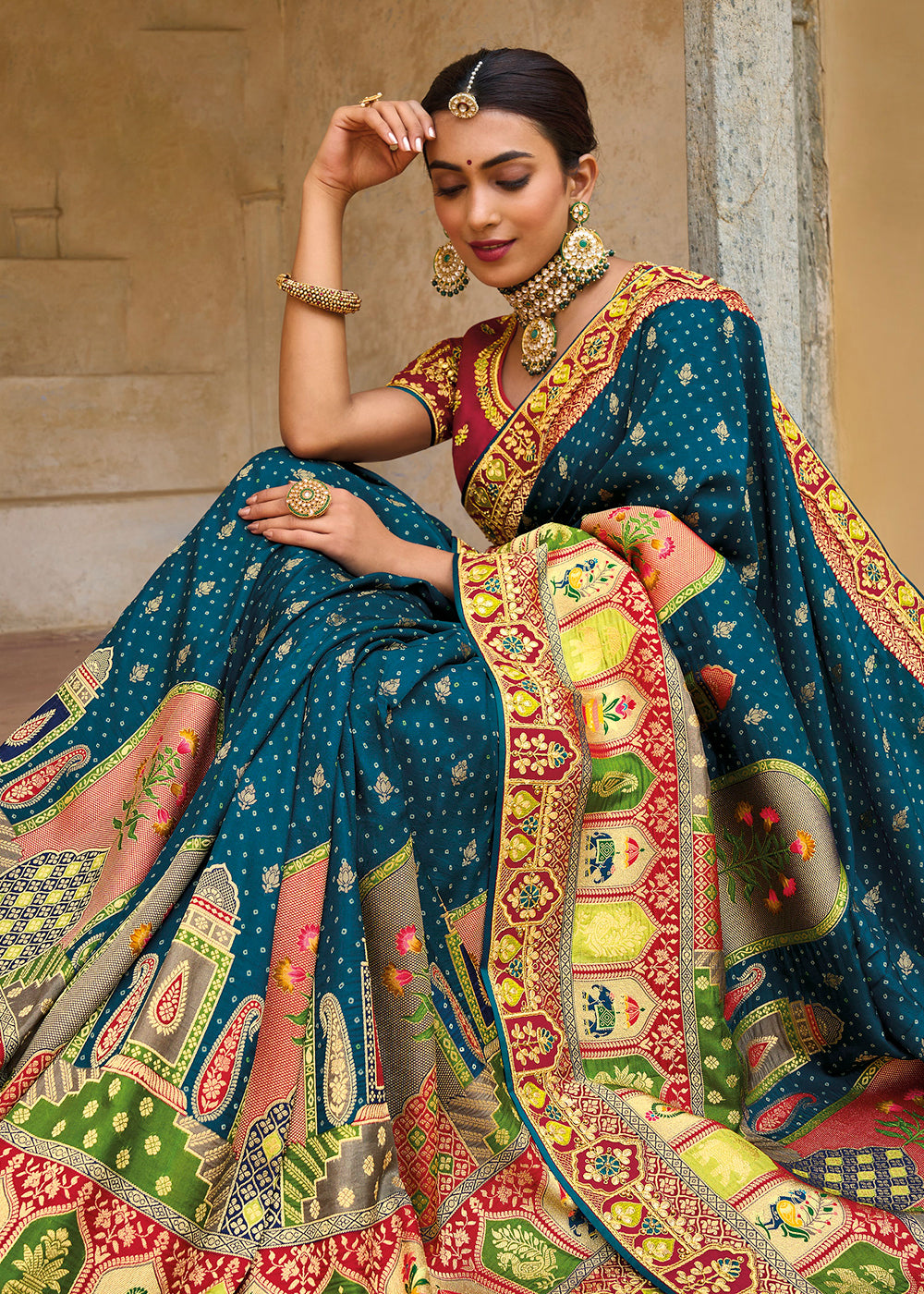 Buy Now Designer Multicolor Blue & Red Silk Wedding Wear Saree Online in USA, UK, Canada & Worldwide at Empress Clothing. 