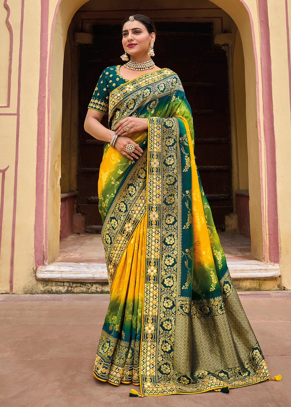 Buy Now Designer Multicolor Yellow & Blue Silk Wedding Wear Saree Online in USA, UK, Canada & Worldwide at Empress Clothing.